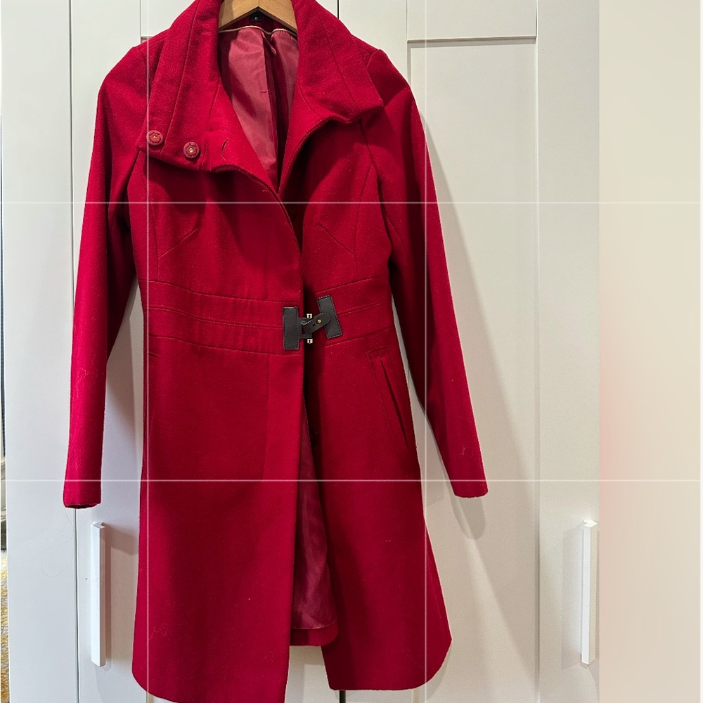 VIA SPIGA Funnel Neck Toggle Snap Red Wool Trench Coat Women's Jacket